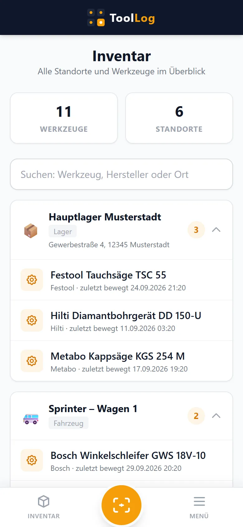 Das Inventar: elf Werkzeuge an sechs Standorten, nach Standort gruppiert, mit Hersteller und Zeitpunkt der letzten Umbuchung.