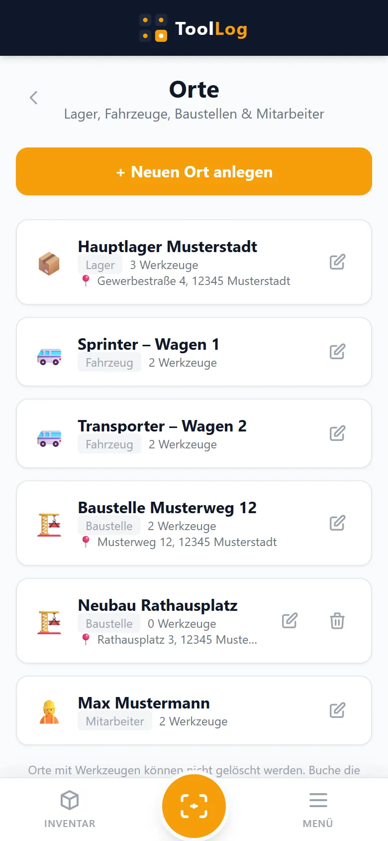 Die Orte: Hauptlager, zwei Fahrzeuge, zwei Baustellen und ein Mitarbeiter, jeweils mit der Zahl der Werkzeuge dort.