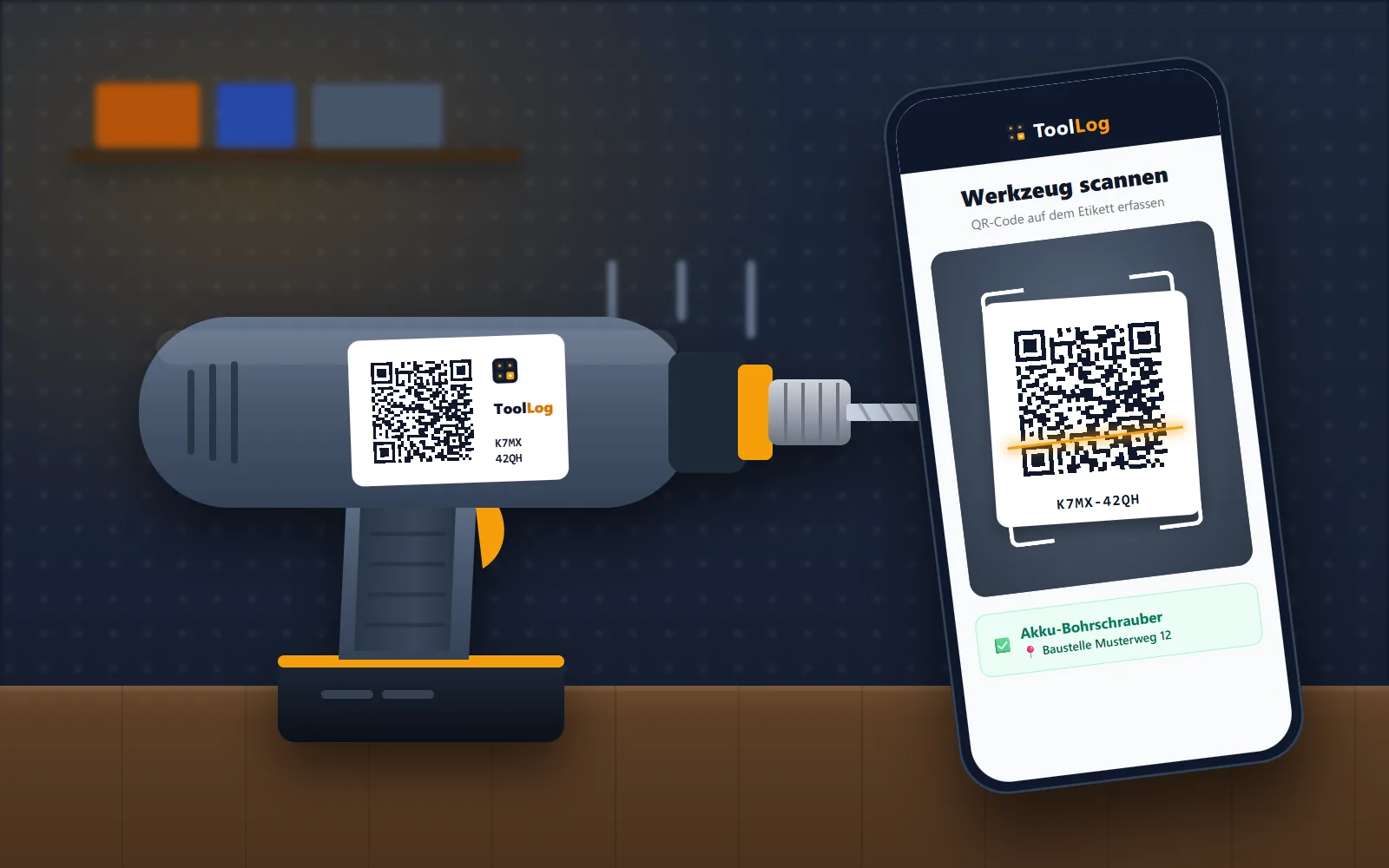 Illustration: Ein Handy mit ToolLog scannt das QR-Etikett auf einer Akku-Bohrmaschine in der Werkstatt und zeigt das Werkzeug mit seinem Standort.